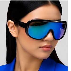 Fashion Oversize Flat Mirror Lens‎ Visor Big Shield Large Sunglasses Women Men